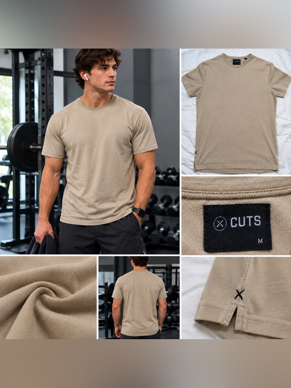 CUTS Men’s Sand Crew Neck T-Shirt M Athletic Stretch Tee - EUC